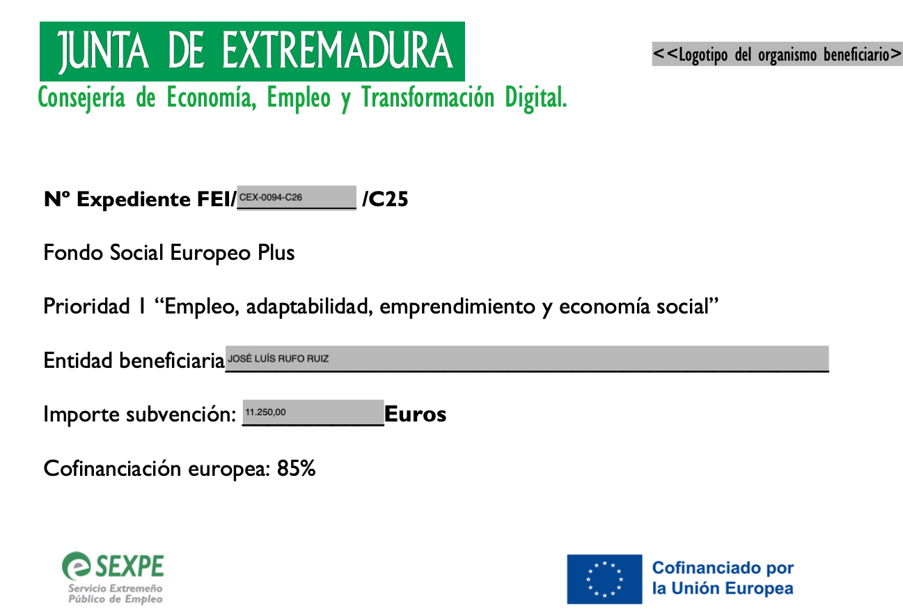 Cartel de subvención de la Junta de Extremadura cofinanciada por el Fondo Social Europeo Plus